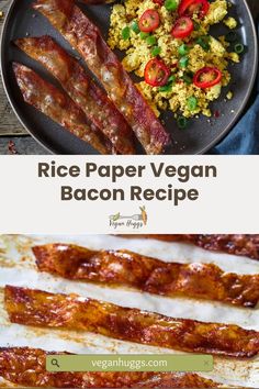 bacon strips and rice on a plate with the words rice paper vegan bacon recipe