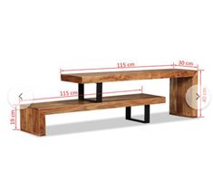 a wooden bench sitting next to a table with measurements for the top and bottom section