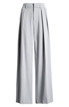 "Find GOOD AMERICAN Good '90s Suiting Pleated Wide Leg Pants on Editorialist. Neat pleats give way to the wide legs in staple pants you'll wear for desk days and drinks dates. 12 1/2\" regular front rise Zip fly with hook-and-bar closure Hidden side-zip closure 66% polyester, 28% viscose, 6% elastane Machine wash, tumble dry Imported Black Owned/Founded" Staple Pants, Pleated Wide Leg Pants, Gray Suit, Wide Legs, Good American, Pants Outfit, Dress Pants, Leg Pants, Side Zip