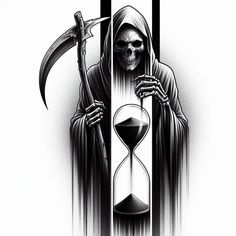 a drawing of a grim skeleton holding an hourglass with a knife in its hand