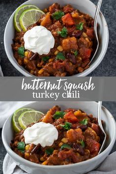 two bowls filled with chili, beans and sour cream next to lime wedges on the side