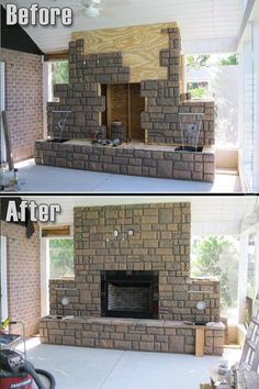 before and after pictures of a brick fireplace