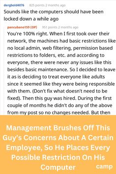 the text reads, management brushes off this guy's concerns about certain employees