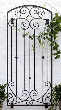 an iron gate with vines on the side of a white wall and potted plants next to it