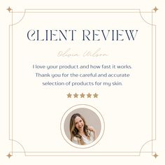 the client review card is shown with an image of a woman's face on it