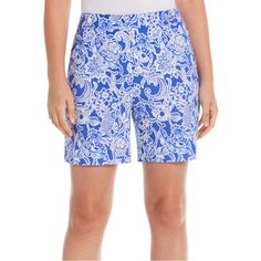 High Stretch Fabric In Pull-On Style Comfort Elastic Waistband Engraved Rivet Hardware On Waistband Side Vents At Short Hem 7" Inseam Length 77%Viscose, 20% Nylon, 3% Elastane Color: Amparo Blue Bermuda Shorts Women, Coastal Tropical, Cropped Chinos, Bermuda Short, Blue And White Style, Floral Shorts, Blue Paisley, Pink Shorts, Beach Resort