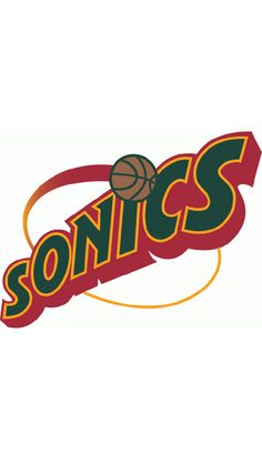 the sonics logo is shown in red, green and gold with a basketball on it