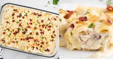 two pictures one has lasagna and the other has chicken, cheese and bacon