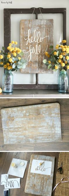 the diy wood sign is made from an old window frame and has been decorated with flowers