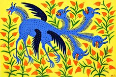 an image of a blue horse and two birds on yellow background with orange flowers in the foreground