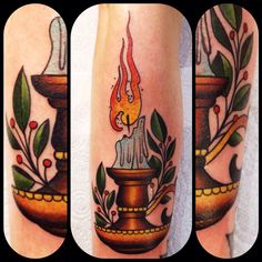 three different views of the same tattoo on someone's leg, one with a candle and