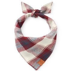 a red and white plaid bandana with an orange tag on the top of it