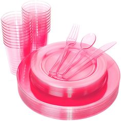 pink plastic dinnerware set with forks and spoons