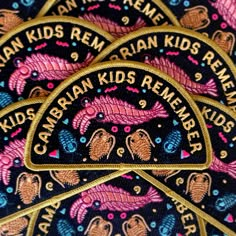 three patches with children's names on them in different colors and designs, all embroidered onto one another