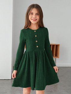 Tween Girl Knitted Ribbed Button Detail A-Line Dress Green Casual  Long Sleeve Knitted Fabric Plain A Line,Fit and Flare Slight Stretch  Tween Girls Clothing, size features are:Bust: ,Length: ,Sleeve Length: Ribbed Knit Dress, Girls Wardrobe, Ribbed Dresses, Knitting Girls, Girls Clothing, Belted Dress, Long Sleeve Knit, Tank Dress, Dress Patterns