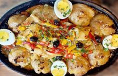 Portuguese Homestyle Cod (Bacalhau à Casa) Portuguese Potatoes, Salted Cod, Baked Fish Fillet, Cod Recipe, Grilled Tuna, Mini Potatoes, Potatoes Onions, Fresh Tuna, Olive Oil Garlic