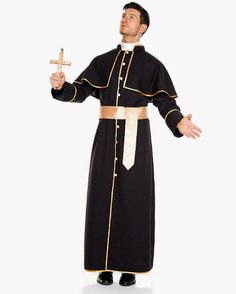 This full length black robe with gold trim, sash and button accents (not functional) and white collar. The plastic lightweight cross is included. Available in two Men's sizes - Large or XL. Other religious costumes and accessories are sold separately on our page – subject to availability. Footwear not included. Nun Habit, Nun Halloween Costume, Priest Outfit, Priest Costume, Nuns Habits, Nun Costume, Halloween Suits, Carnival Halloween, Blazer And Skirt Set