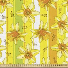 a yellow and green striped background with flowers