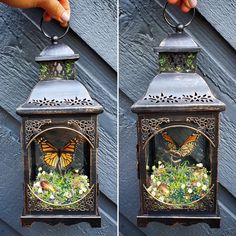 two pictures of a hand holding a lantern with a butterfly on it and flowers in the bottom