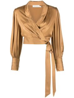 sand brown silk satin finish wrap design shawl collar plunging V-neck long puff sleeves cuff zips side tie fastening cropped Satin Wrap Blouse, Satin Wrap Top, Silk Wrap Top, Brown Silk, Satin Blouse, Silk Wrap, Long Puff Sleeves, Wrap Blouse, Looks Vintage