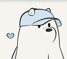 a white polar bear wearing a blue hat with hearts on it's chest and eyes