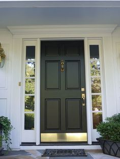 the front door of a house with potted plants