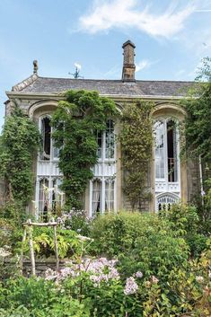 an old house with ivy growing on it's walls and windows, surrounded by greenery