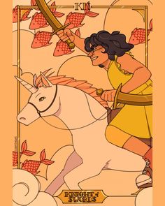 a woman riding on the back of a white horse next to a yellow background with leaves