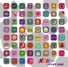 an image of many different app icons on a gray background with white and pink colors