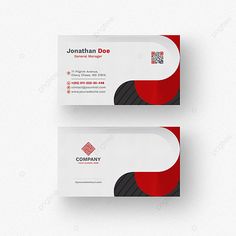 two business cards with red and black circles on the front, one has a white background