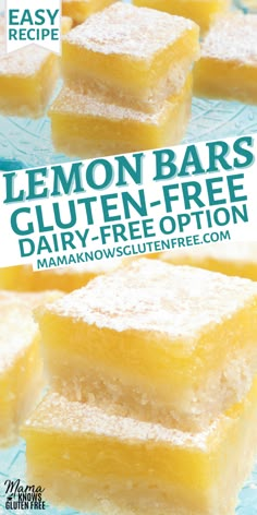 Gluten-free lemon bars on a teal glass cake plate. Cookies Sans Gluten, Glutenfri Baking, Gluten Free Lemon Bars, Easy Gluten Free Desserts, Lemon Bars Recipe, Shortbread Crust, Gluten Free Desserts Recipes