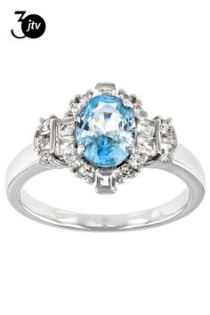 1.70ct Oval blue zircon with 0.31ctw square white topaz and 0.21ctw round white zircon rhodium over sterling silver ring. Measures approximately 0.60"L X 0.49"W. Not sizeable. Accent stones primarily zircon. Blue Zircon, White Topaz, Sterling Silver Ring, Silver Ring, Topaz, Sterling Silver Rings, Silver Rings, Sterling Silver, Square