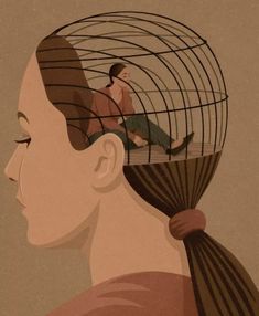 a woman with a bird cage on her head