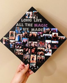 someone is holding up a graduation cap with photos on it that says lions live all the magic we made