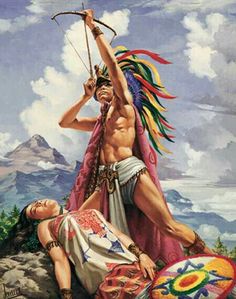 a painting of a man holding a bow and arrow next to a woman on the ground