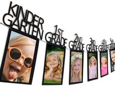 a group of pictures hanging from the side of a metal sign that says kinder garden