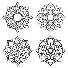 four circular designs in black and white, each with an intricate design on the center