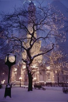 a large clock tower towering over a snow covered park at night with lights on the trees