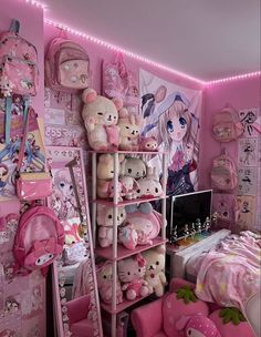 a room filled with lots of stuffed animals and pink decor on the walls, along with many other items