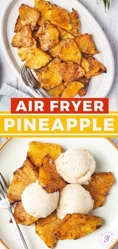 an air fryer pineapple is on a plate with ice cream and cinnamon sticks