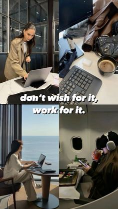 a woman sitting at a desk with a laptop computer in front of her and an airplane window