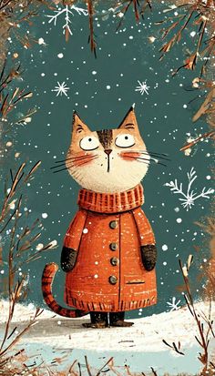 a painting of a cat wearing a red coat in the snow with trees and snowflakes