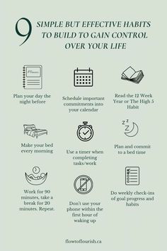 Need ways to get your life back on track? Building postive habits add structure and routine into your life. Developing these 9 habits can be a game-changer for achieving productivity and maintaining a healthy work-life balance. When ingrained habits become second nature, they allow you to focus your mental energy on more complex and meaningful aspects of you work! Try these habits for 30 days! - Plan your day the night before - Schedule important commitments into your calendar - Read the 12 Week Year or The High 5 Habit - Make your bed every morning - Plan and commit to a bed time - Use a timer when completing tasks/work - Work for 90 minutes, take a break for 20 minutes. Repeat. - Do weekly check-ins of goal progress and habits - Don't use your phone within the first hour of waking up Habits To Build, 12 Week Year, Life Back On Track, Week Schedule, Face Pores, Plan Your Day, Day Schedule, Mental Energy