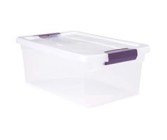 a plastic storage box with purple handles on the top and bottom, against a white background