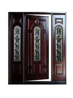 an image of a wooden door with glass panels on the front and side paneling