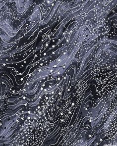 an abstract painting with stars and swirls in blue, white and black colors on a dark background