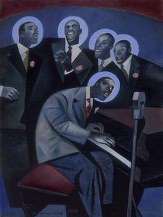 a painting of men in suits and ties playing the piano with their heads turned to look like they are singing