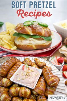 an assortment of appetizers and desserts with text overlay that reads soft pretzel recipes