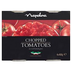 an open box of chopped tomatoes on a white background, with the label above it