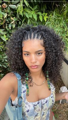 Vacation Braids Curly Hair, Curly Hair Upstyles Natural, Curly Hair Styles Type 4, Goddess Braid Bun Updo, Natural Hairstyles Going Out, Curly Hair With Two Braids On The Side, Streetwear Hairstyles Curly, Cornrows And Curly Weave, Curly Hair Vacation Hairstyles